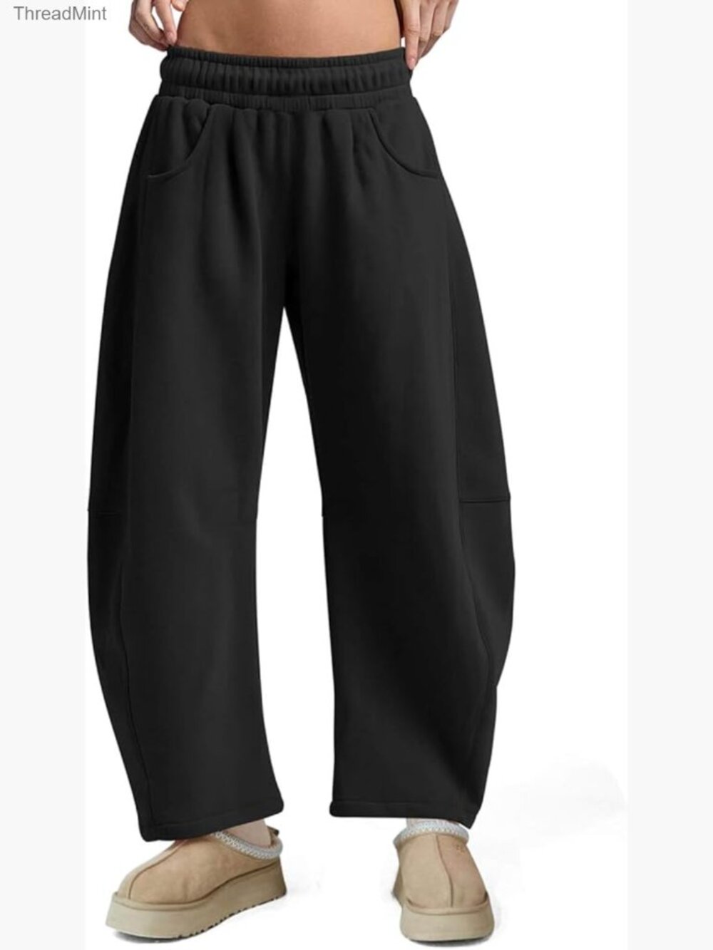 Fleece Lined Barrel Ankle Sweatpants Baggy Wide Leg High Waisted with Pockets